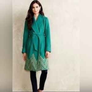 Anthropologie Plenty by Tracy Reese Teal Green Embroidered Wrap Coat